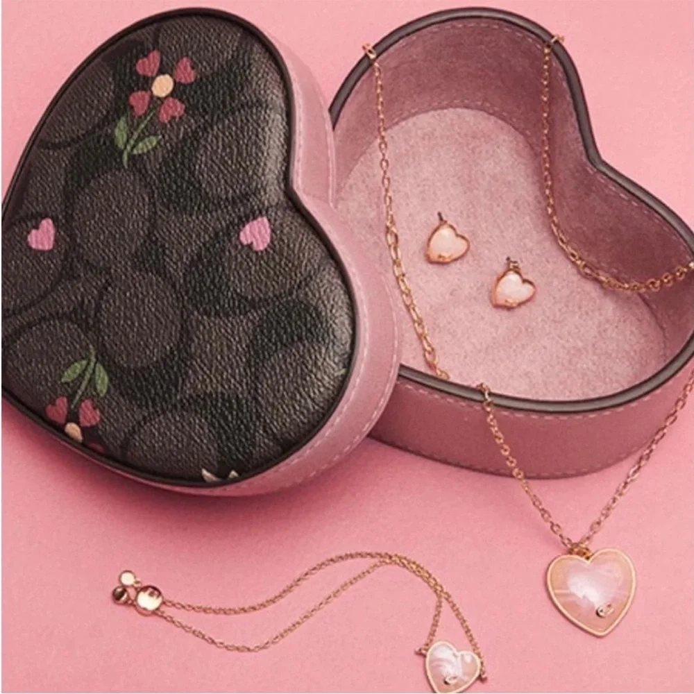 Coach Pink Leather Heart Jewelry Box Signature Canvas Heart Petal Print